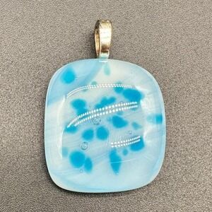 Vintage Fused Glass Pendant Blue Dot Square‎ with Silver Tone Bail